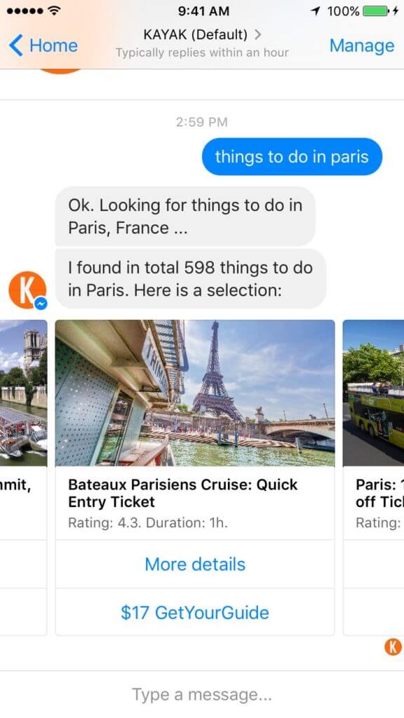 Kayak's chatbot on FB