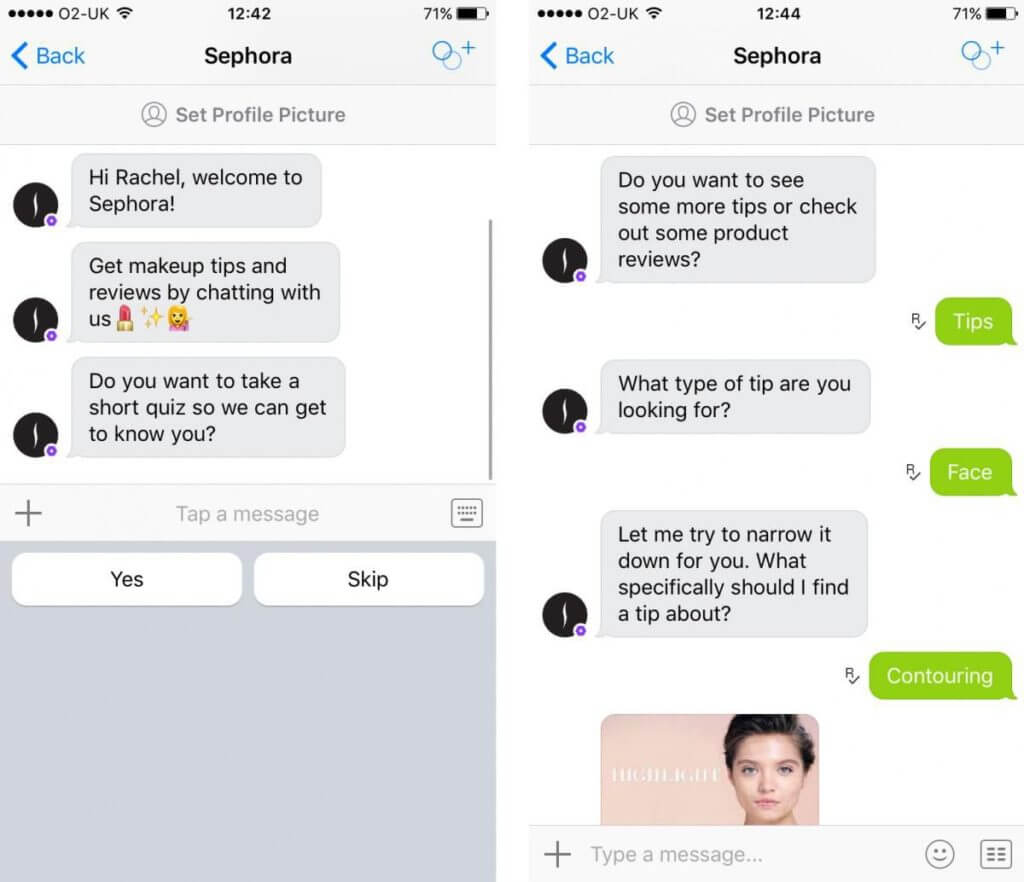 Sephora's chatbot on Messenger
