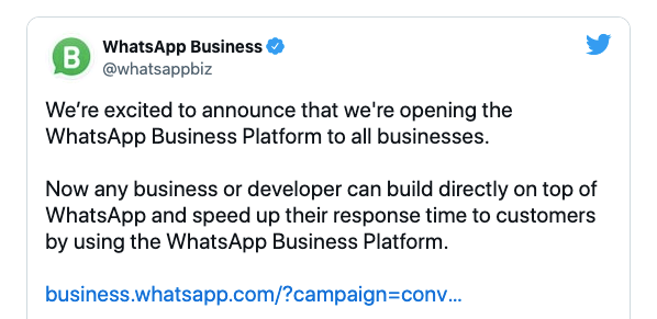 WhatsApp Business Twitter Handle announcing the launch of WhatsApp Cloud API